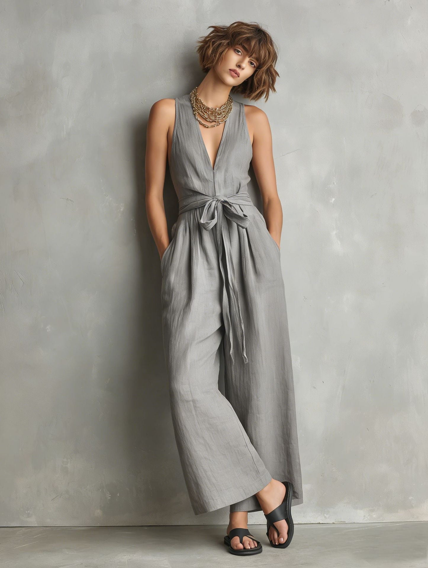 Momocco Elegant Waist-Knot Jumpsuit - Sleeveless Wide-Leg One-Piece Quiet Luxury Set