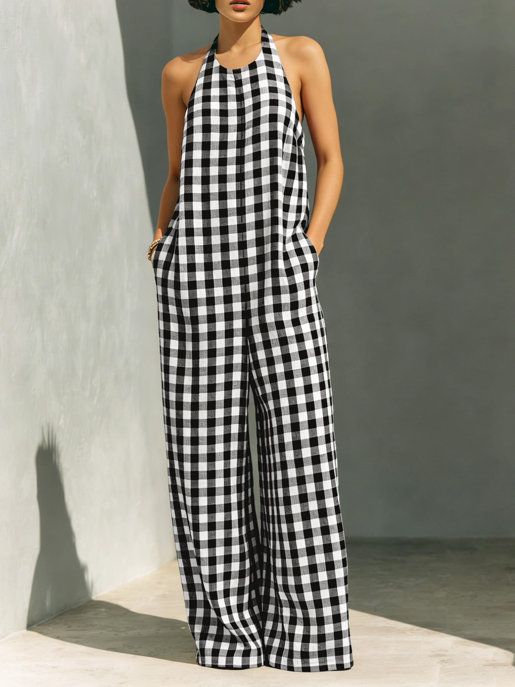 Women's Minimalist Plaid Halter-neck Loose Jumpsuit MDZ0412C3Y