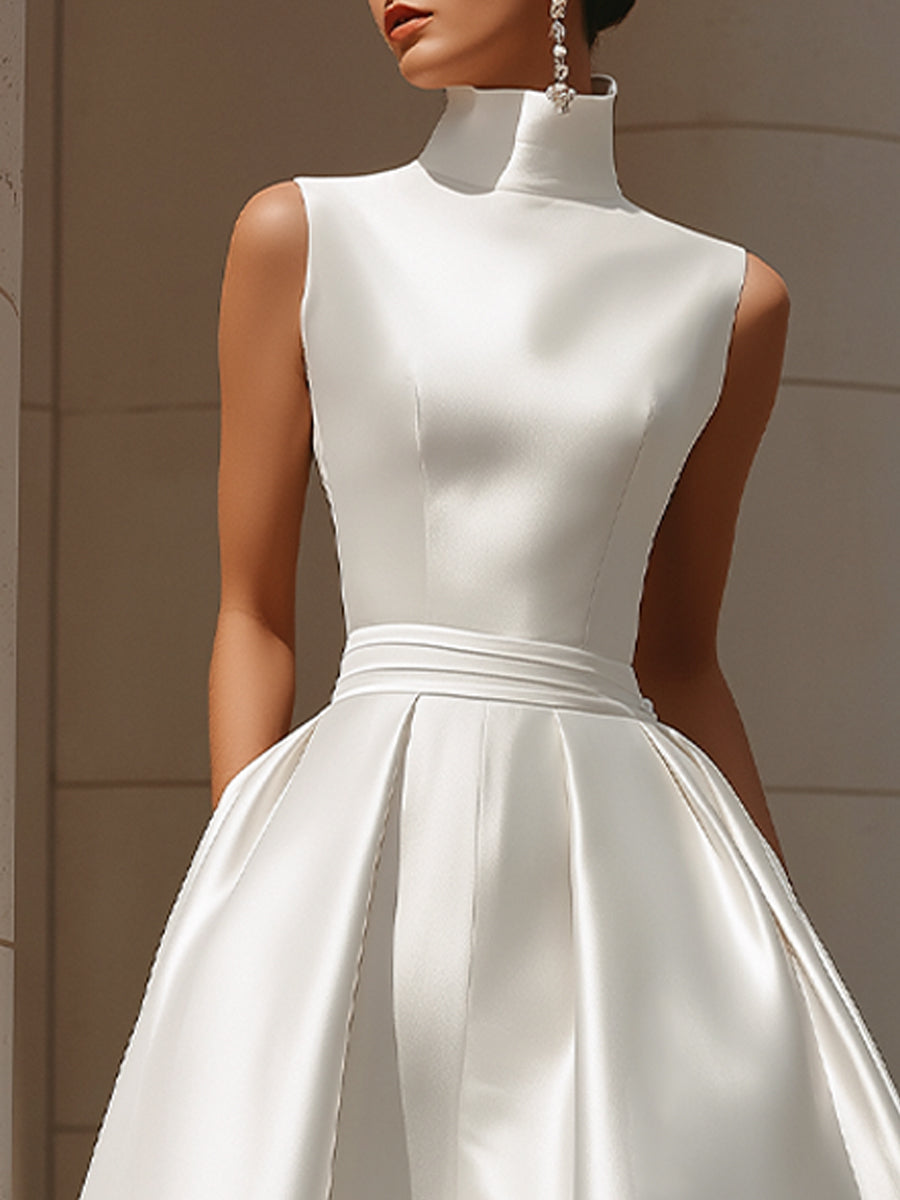 Ethereal High-Neck Sleeveless Satin A-Line Evening Gown