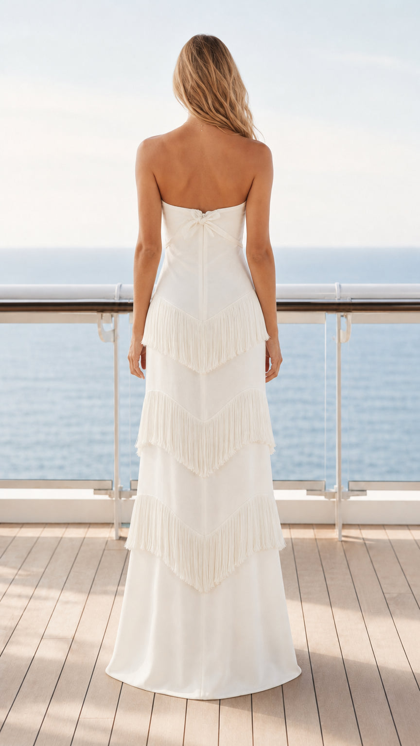 Strapless Sweetheart Tiered Fringe Maxi Dress