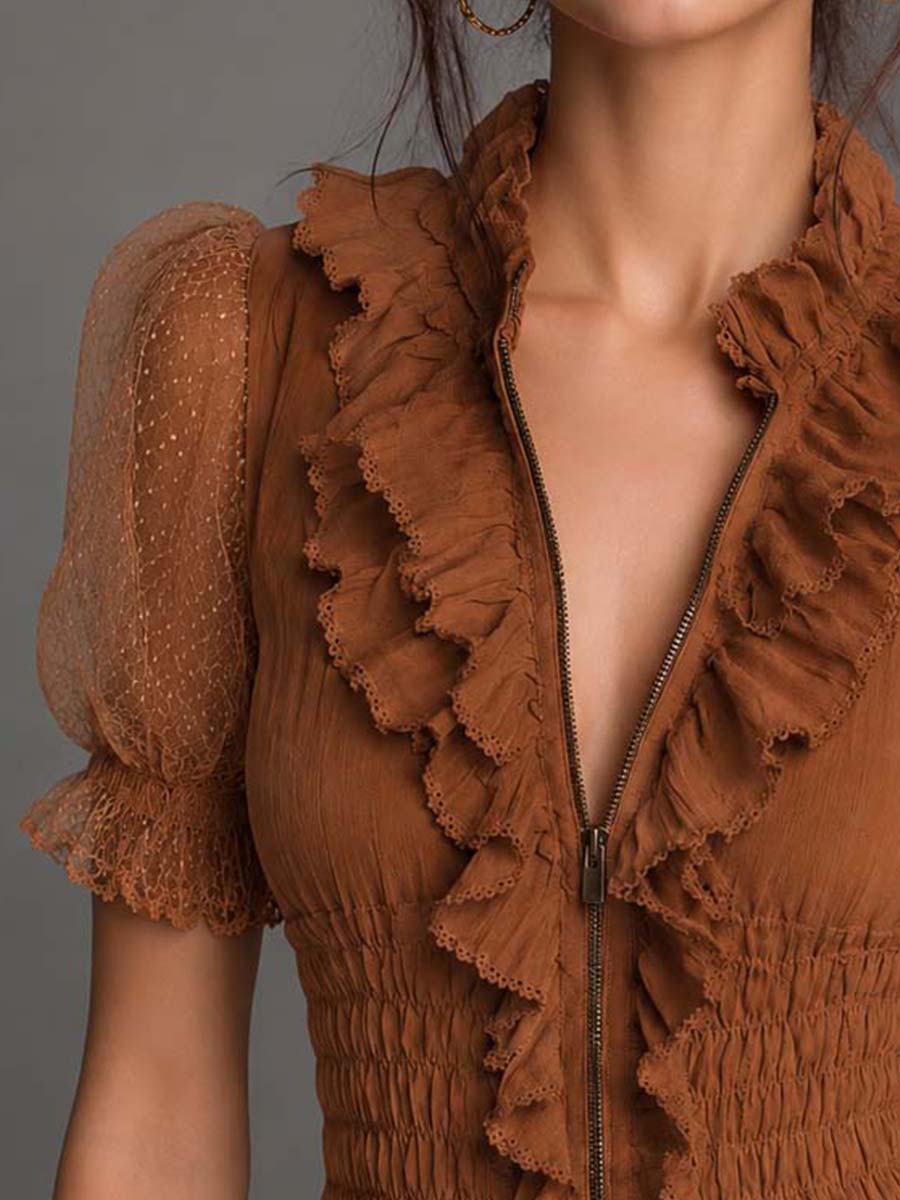 Caramel Cotton Mesh Puff Sleeve Ruffled Blouse