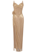 Strapless Sparkly Floral Corset Maxi Dress Gold