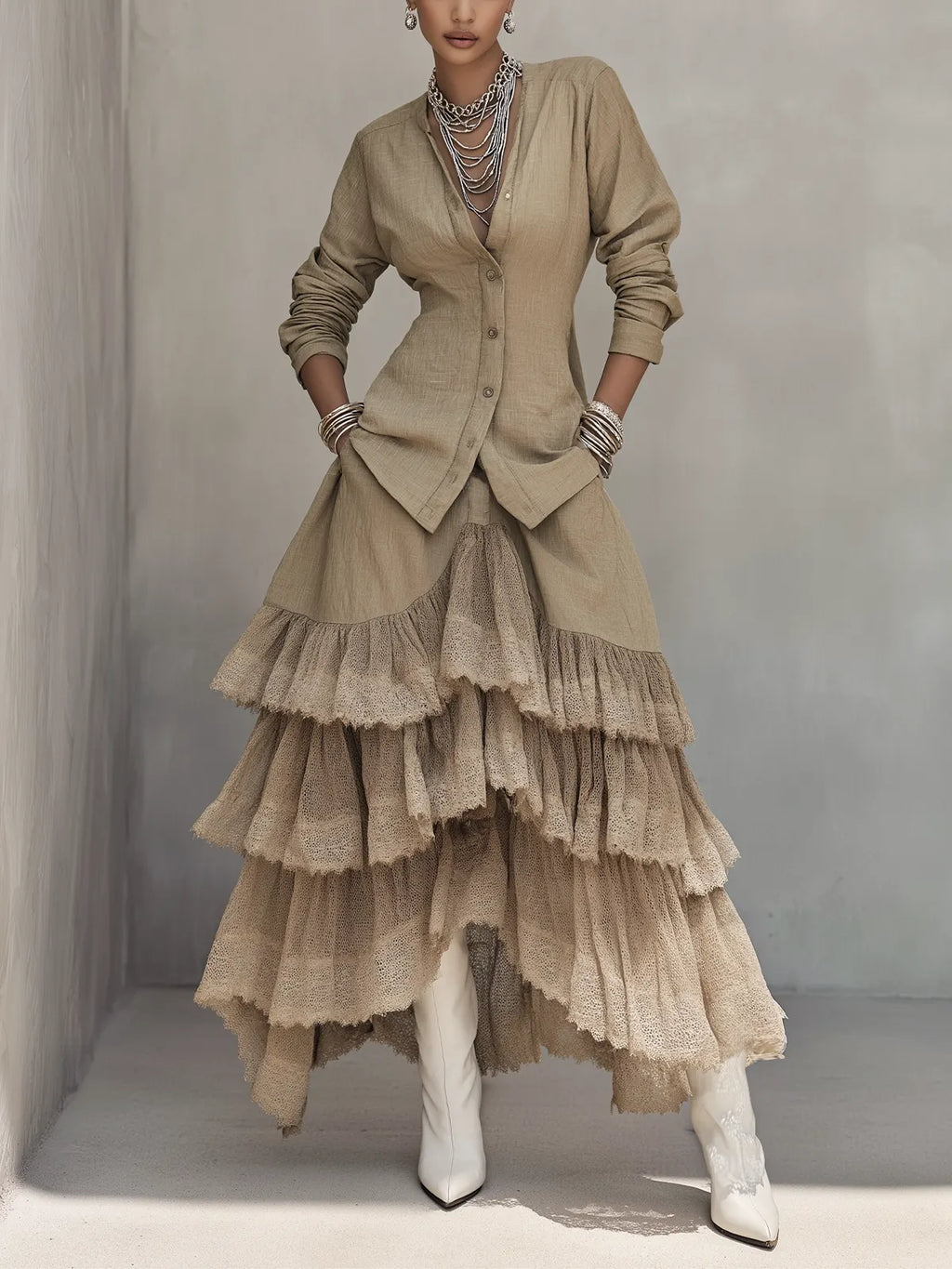 Khaki Textured Button-Front Top And Tiered Ruffle Skirt Set