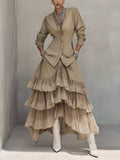 Khaki Textured Button-Front Top And Tiered Ruffle Skirt Set