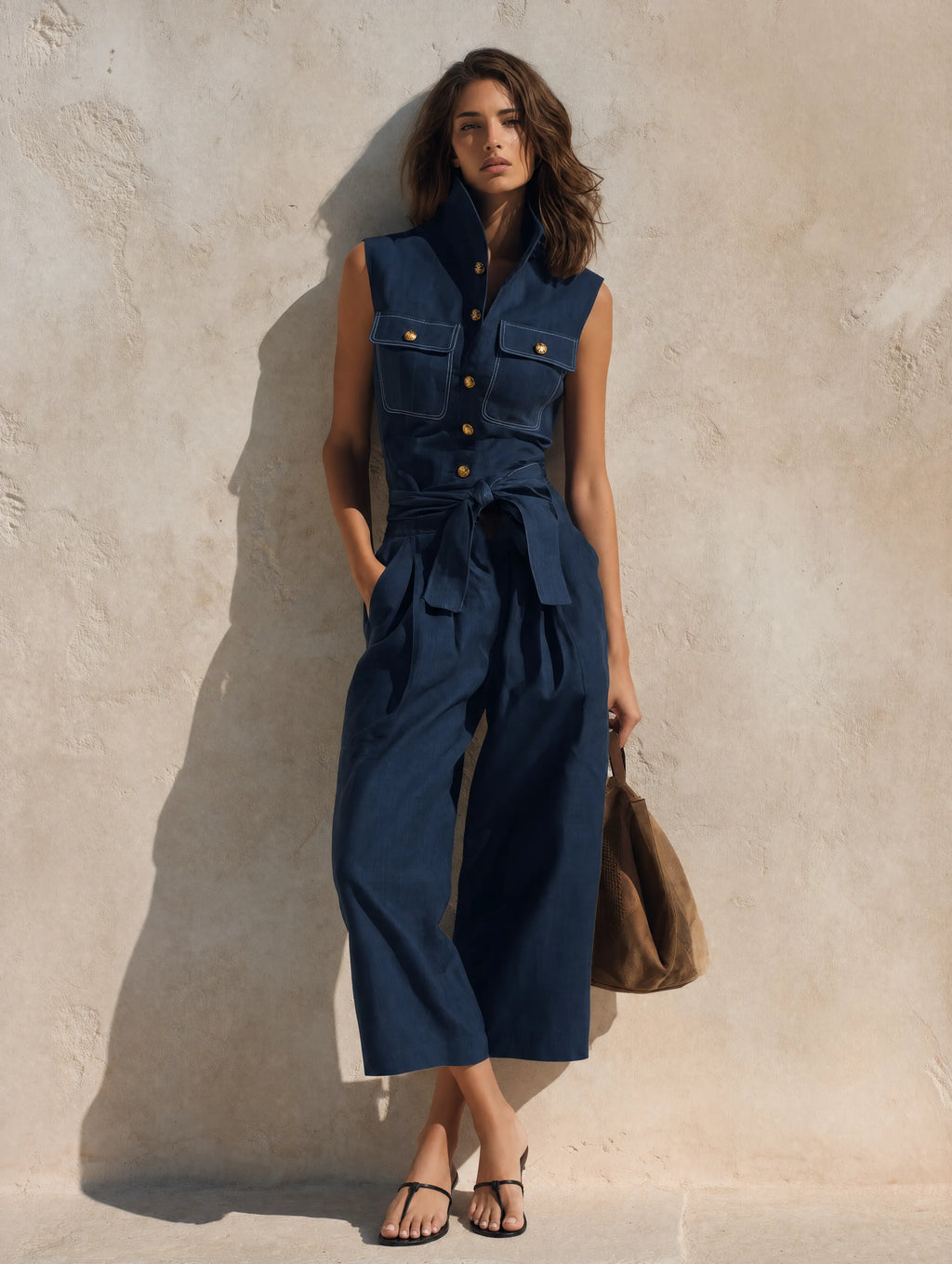 Women's Casual Navy Blue Cotton-linen Sleeveless Cropped Jumpsuit MDZ1643G5LXY