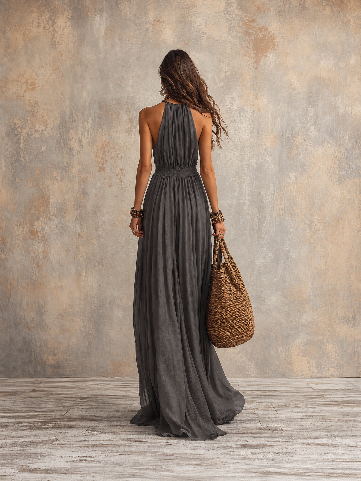 Refined Bohemian Draped Halter Maxi Dress