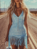 【24-hour shipping out】Fashion Vintage Cyan Blue Suede Sleeveless Tassel Mini Dress