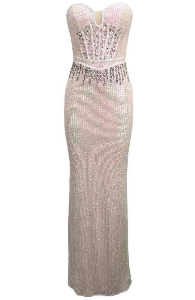 Strapless Bustier Crystal Sequin Maxi Dress Pink