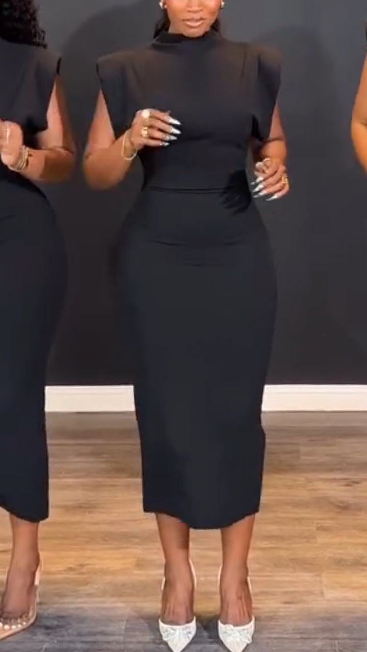 Women Round Neck Solid Color Waist Cinching Elegant Temperament Dress
