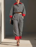 Women's Minimalist Cotton-Linen Blend Color-Block Collar Cropped Shirt & Cuffed Wide-Leg Pants Set MDZ0936G2ZRK