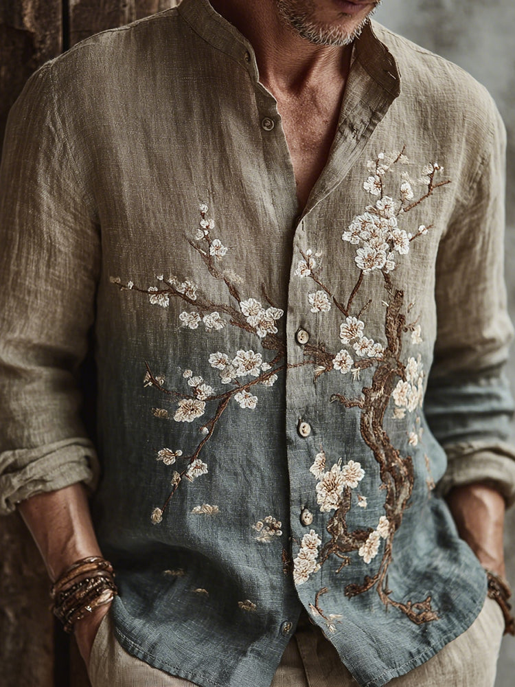 Men's Japanese-style Cherry Blossom Gradient Art Casual Shirt