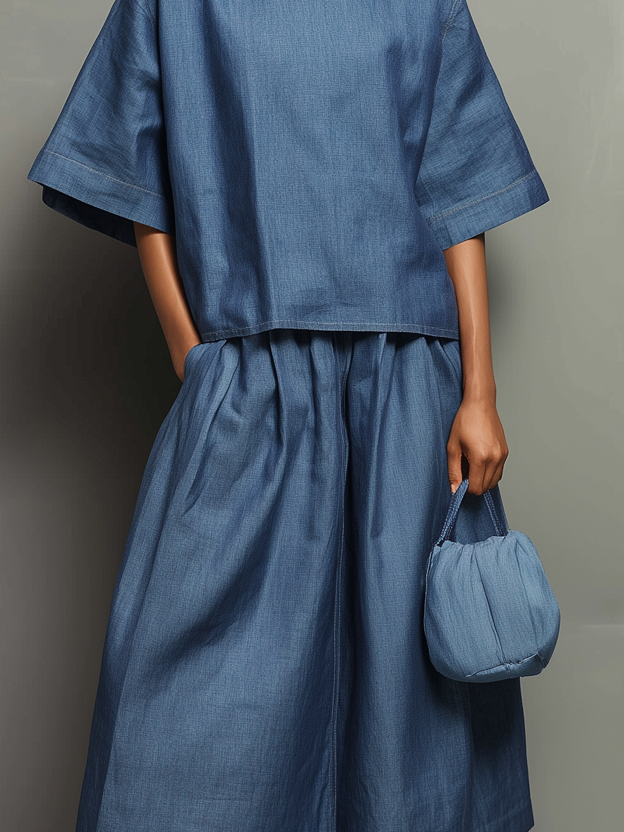 Women's Casual Denim Blue Loose-fitting Long-sleeved Round-neck Top Paired With A Skirt