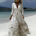 Women's Vintage Floral Printed Art V-neck Long Sleeve Maxi Dress