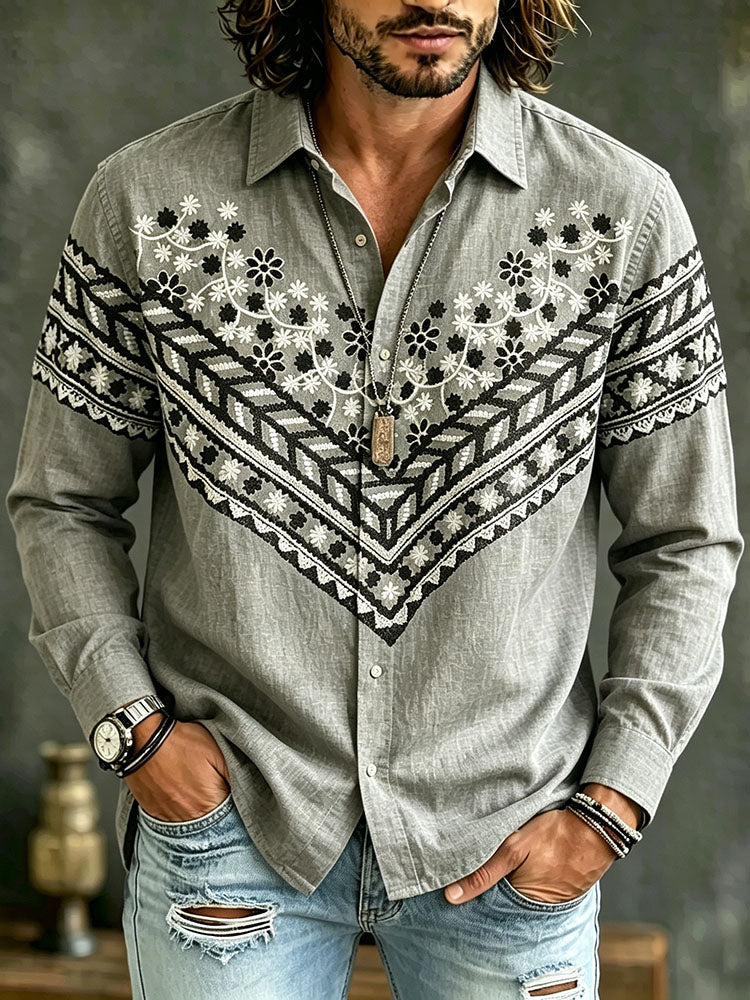 Men's Vintage Floral Embroidered Art Print Flowy Linen Blend Casual Shirt