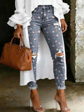 Women's Fashion Cute Polka Dot Floral Artistic Print High-waisted Skinny Ripped Casual Jeans