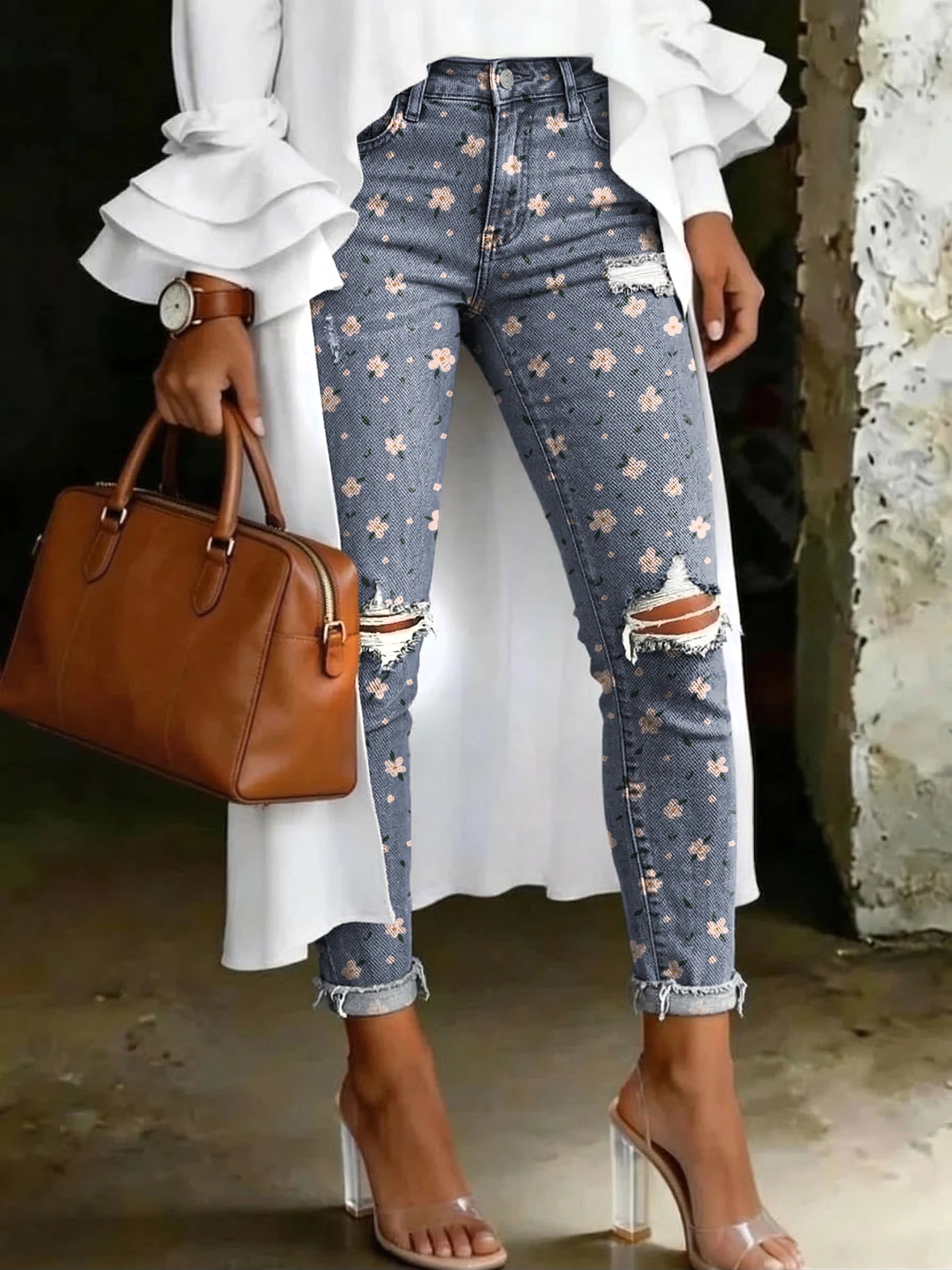 Women's Fashion Cute Polka Dot Floral Artistic Print High-waisted Skinny Ripped Casual Jeans