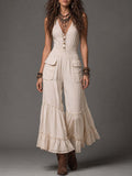 Bohemian Elegant Cotton-Linen Ruffled Hem Jumpsuit