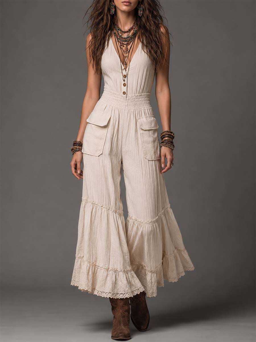 Bohemian Elegant Cotton-Linen Ruffled Hem Jumpsuit