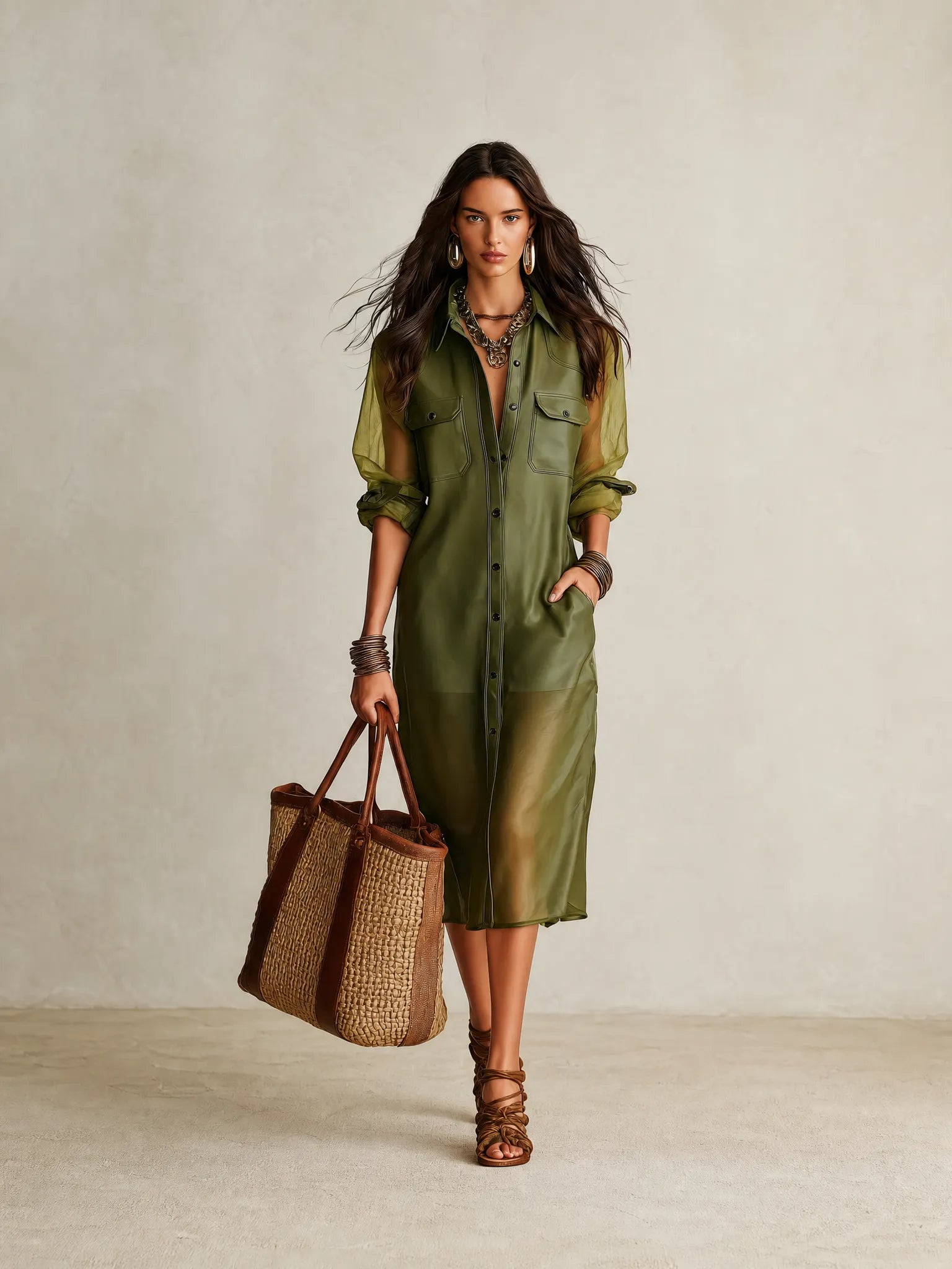 Sheer Olive Long-Sleeve Button-Front Shirt Midi Dress