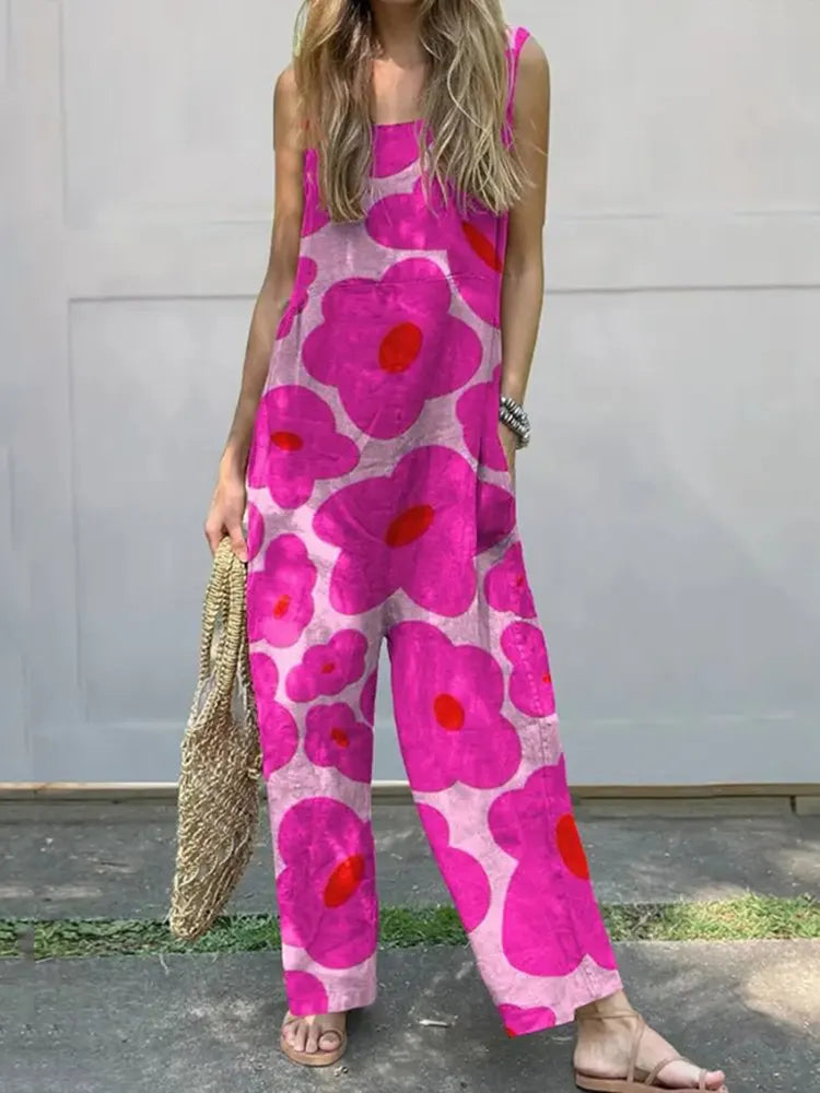 Women's Gorgeous Large Flower Print Thin Suspender Casual Wide Leg Jumpsuit