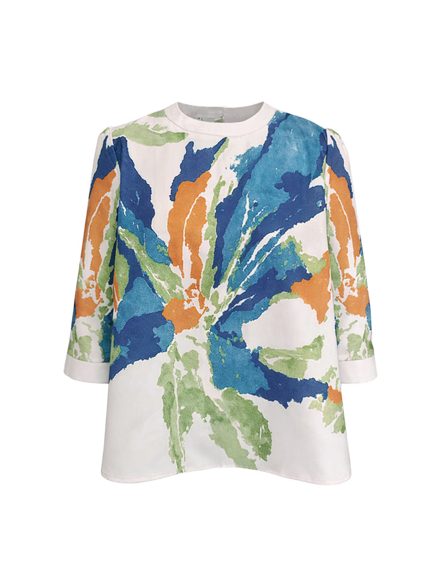 Half Sleeves Loose Buttoned Contrast Color Flower Print Round-neck T-Shirts Tops