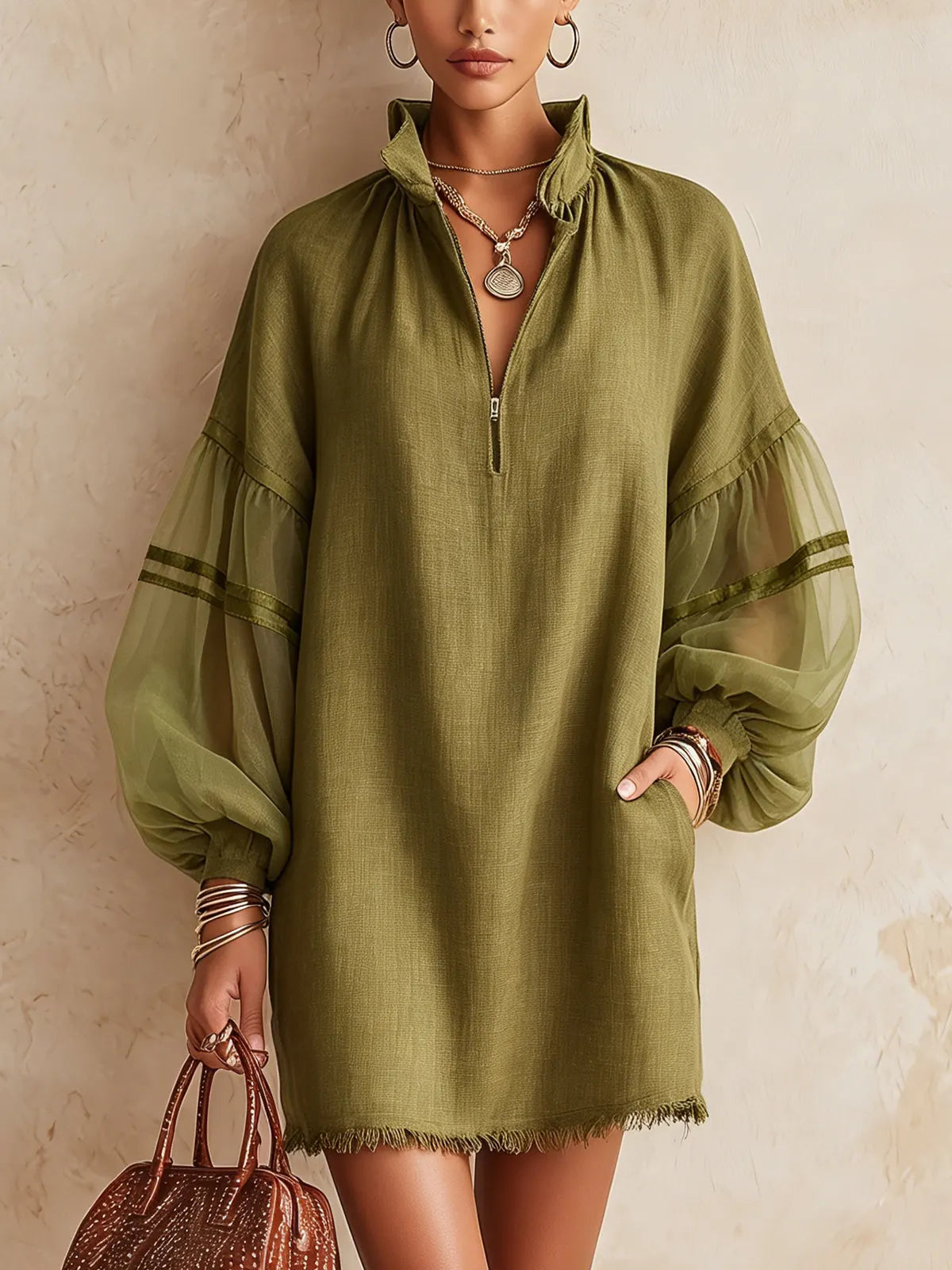Olive Green Mini Dress With Sheer Puff Sleeves And Frayed Hem