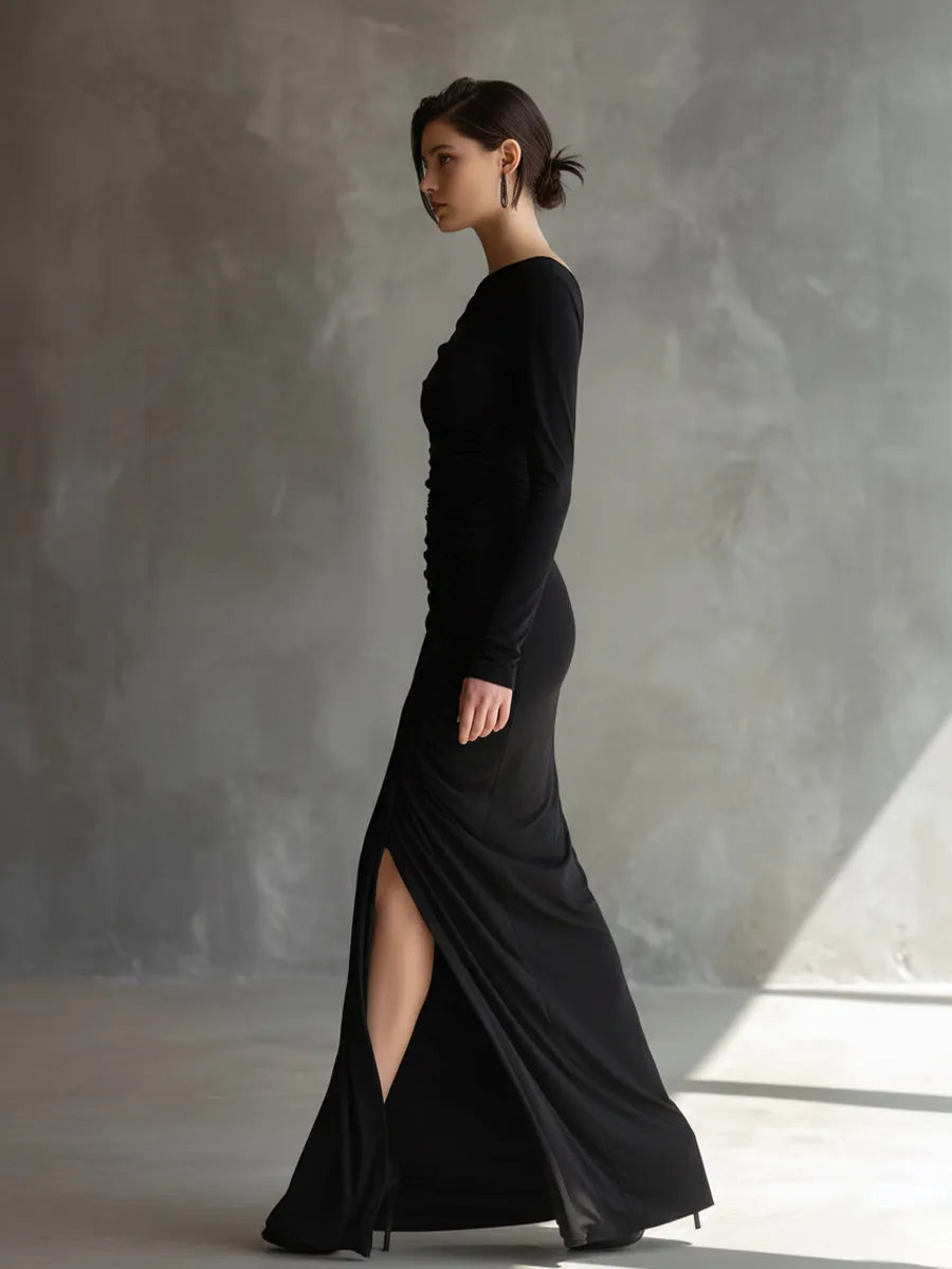 Women's Black Elegant Jersey Off - Shoulder Ruched Slit Maxi Dress MDA2125H9I
