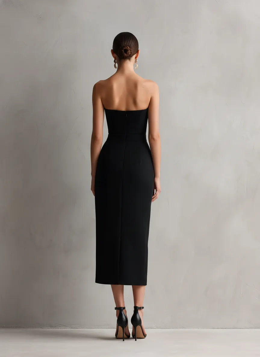 Women's Elegant Black Stretch Strapless Bodycon Midi Dress MDZ0669A6AN