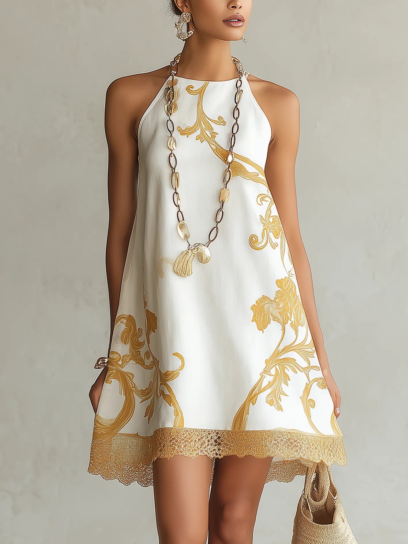 White Floral Print Lace Trim Mini Dress