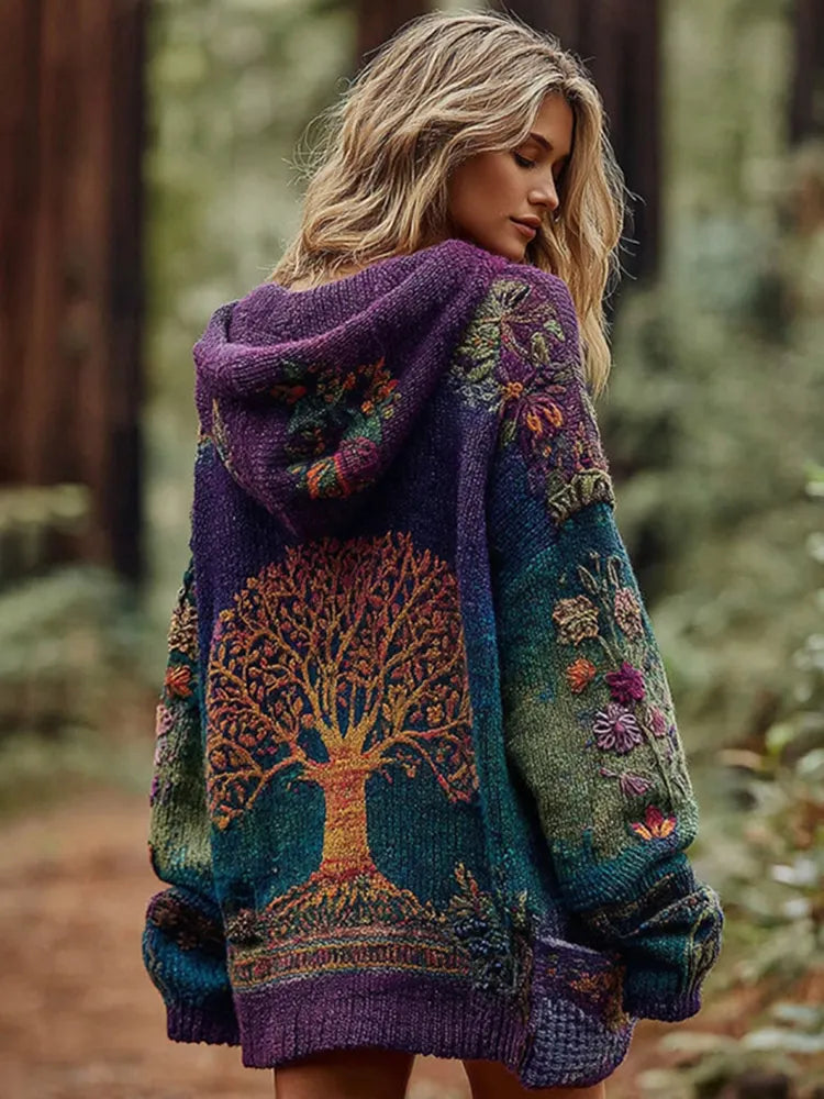 Women's Floral And Life Of Tree Zipper Knitted Cozy Hooded Cardigan