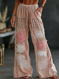 Japanese-style Chrysanthemum And Calligraphy Art Embroidered Pink Cotton-linen Casual Trousers