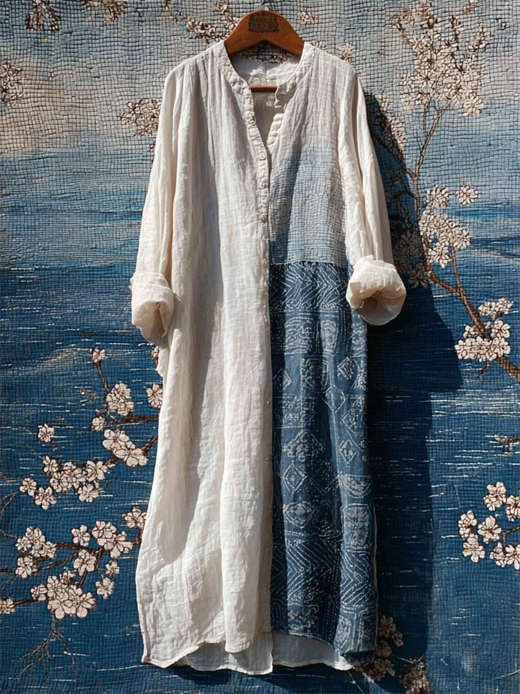 Vintage Japanese Sashiko Patchwork Linen Maxi Shirt Dress