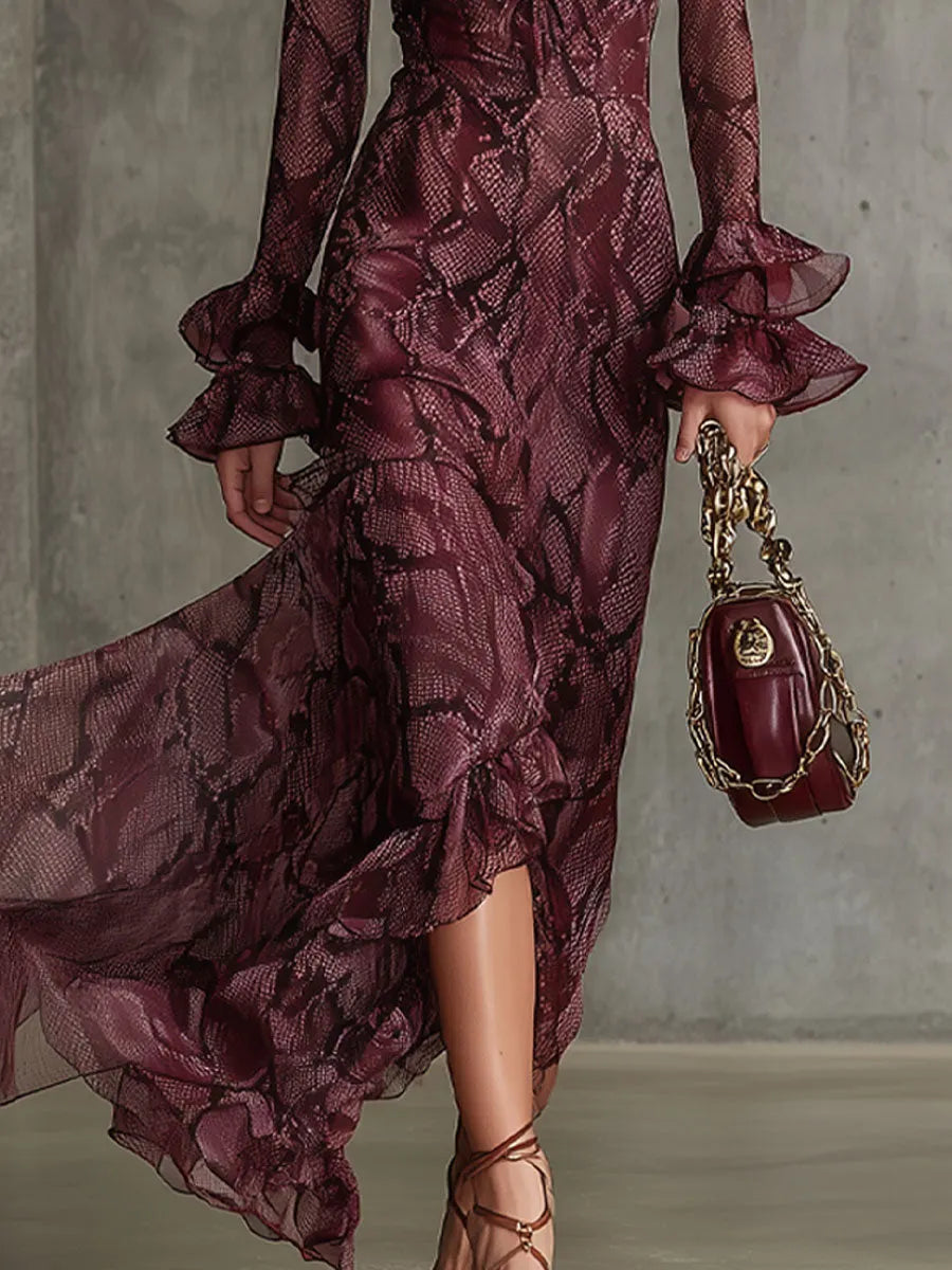 Elegant And Fashionable Burgundy Chiffon Snakeskin Pattern Ruffled Long-Sleeved Maxi Dress