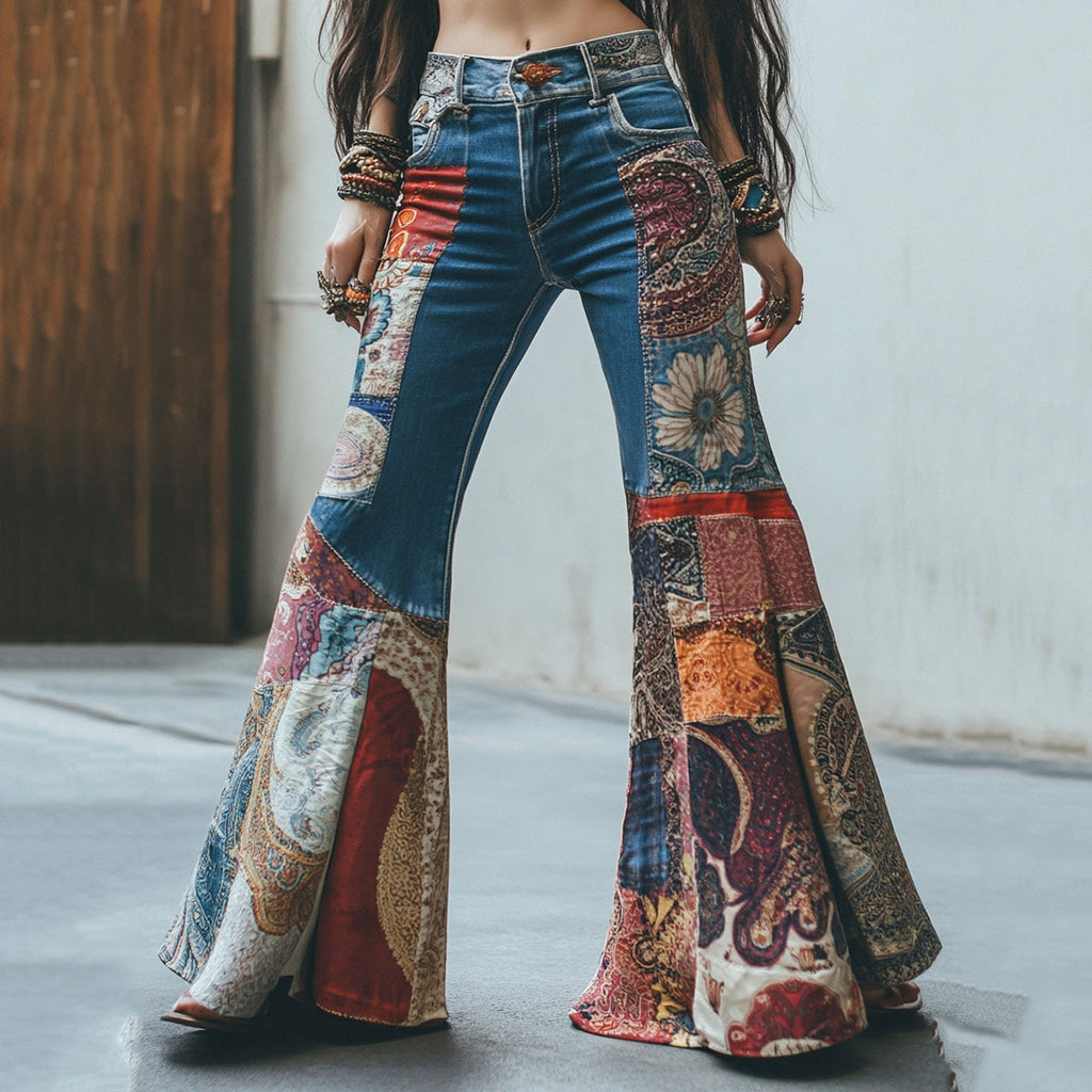 Retro Bohemian Pattern And Paisley Pattern Patchwork Flared Jeans