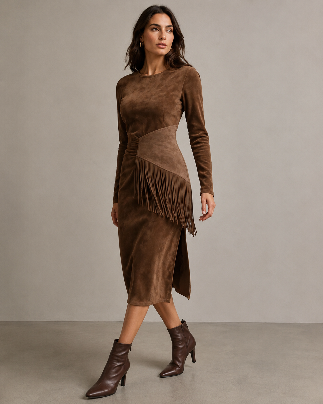 Brown Suede Asymmetric Fringe Midi Dress