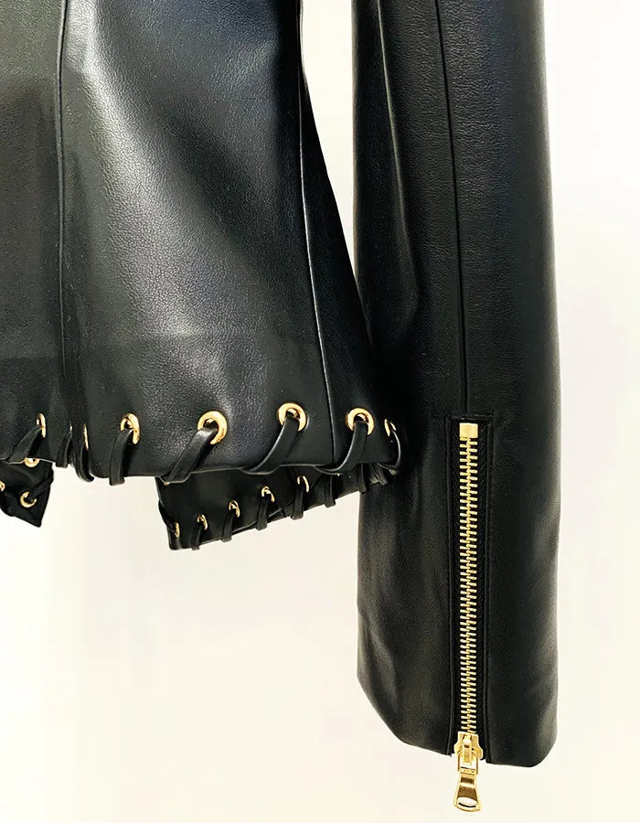 Long Sleeve Lace Up Faux Leather Jacket Black
