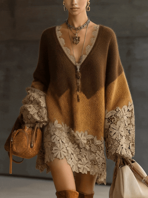 24-Hour-Shipping Brown Ombre Knit Lace Oversized Long Sleeve Mini Dress