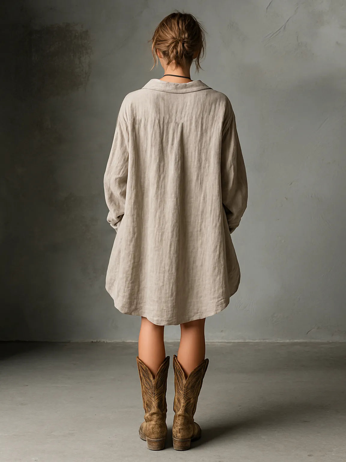 Women's Fashion Loose Cotton And Linen Button Lapel Mini Dress MDA1854H2Y