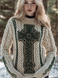 Vintage Irish Celtic Cross Round Neck Chunky Cozy Sweater