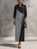 Women's Elegant Black Cotton Blend Color-Block Pinstripe Wrap Button Maxi Dress MDZ1729G8GMJ