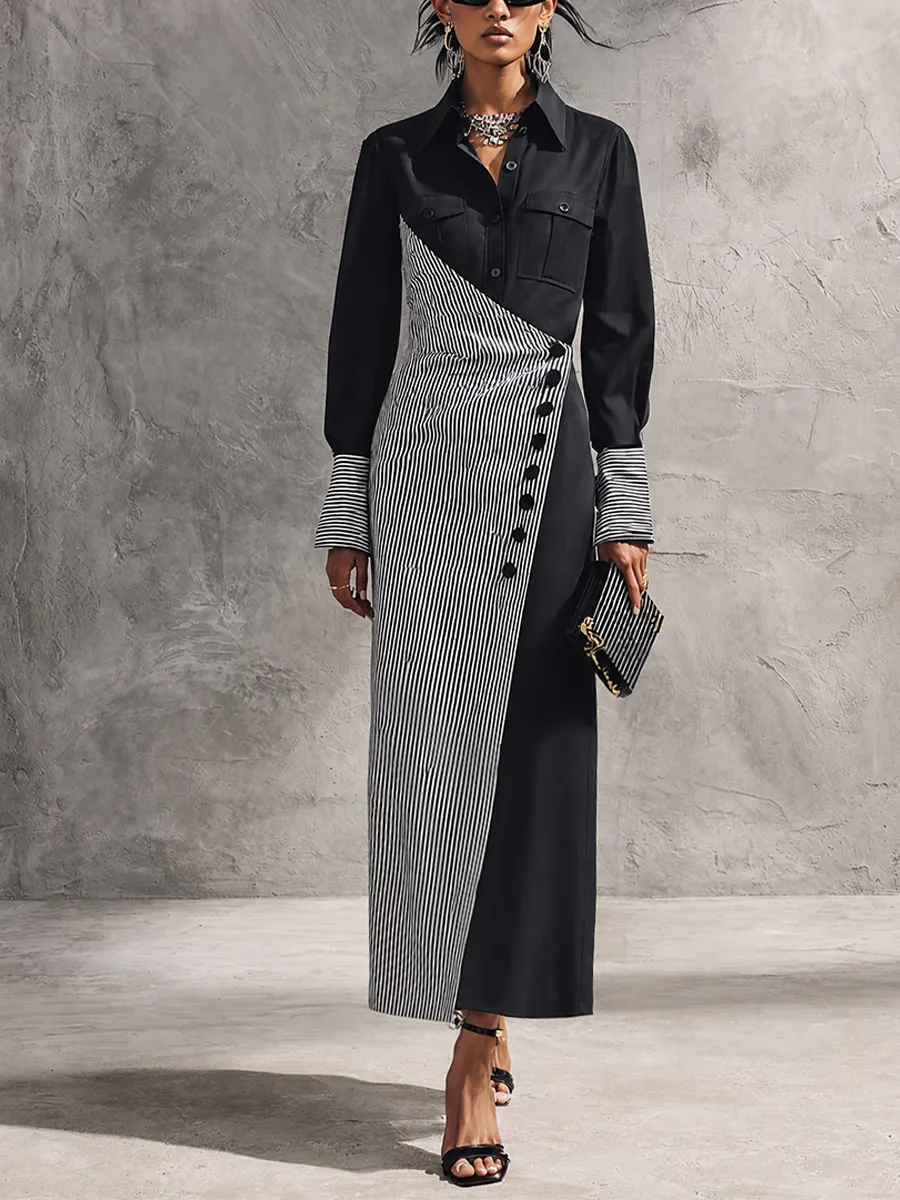 Women's Elegant Black Cotton Blend Color-Block Pinstripe Wrap Button Maxi Dress MDZ1729G8GMJ