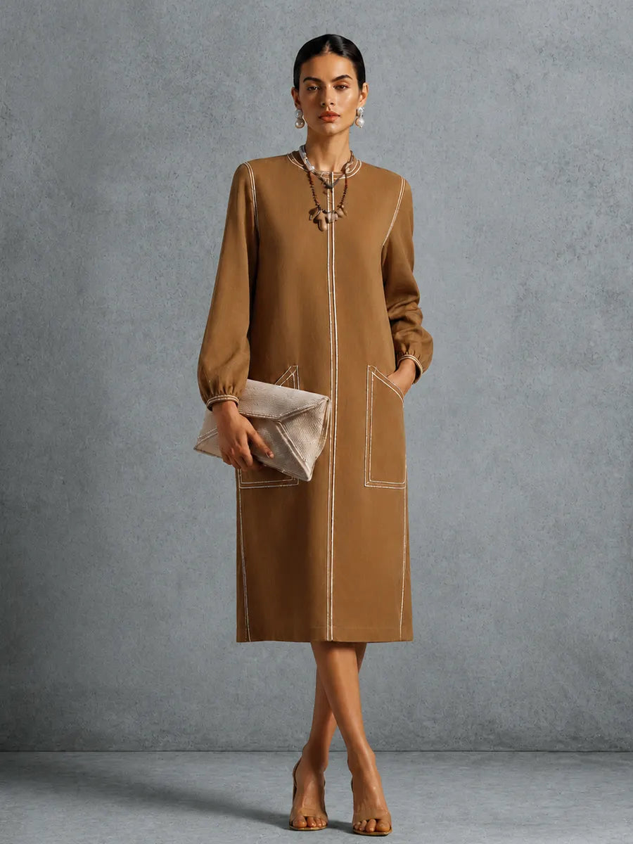 Women's Retro Commuter Caramel Cotton Blend Contrast Stitch Patch Pocket Lantern Sleeve Midi Dress MDZ1339G3GMJ