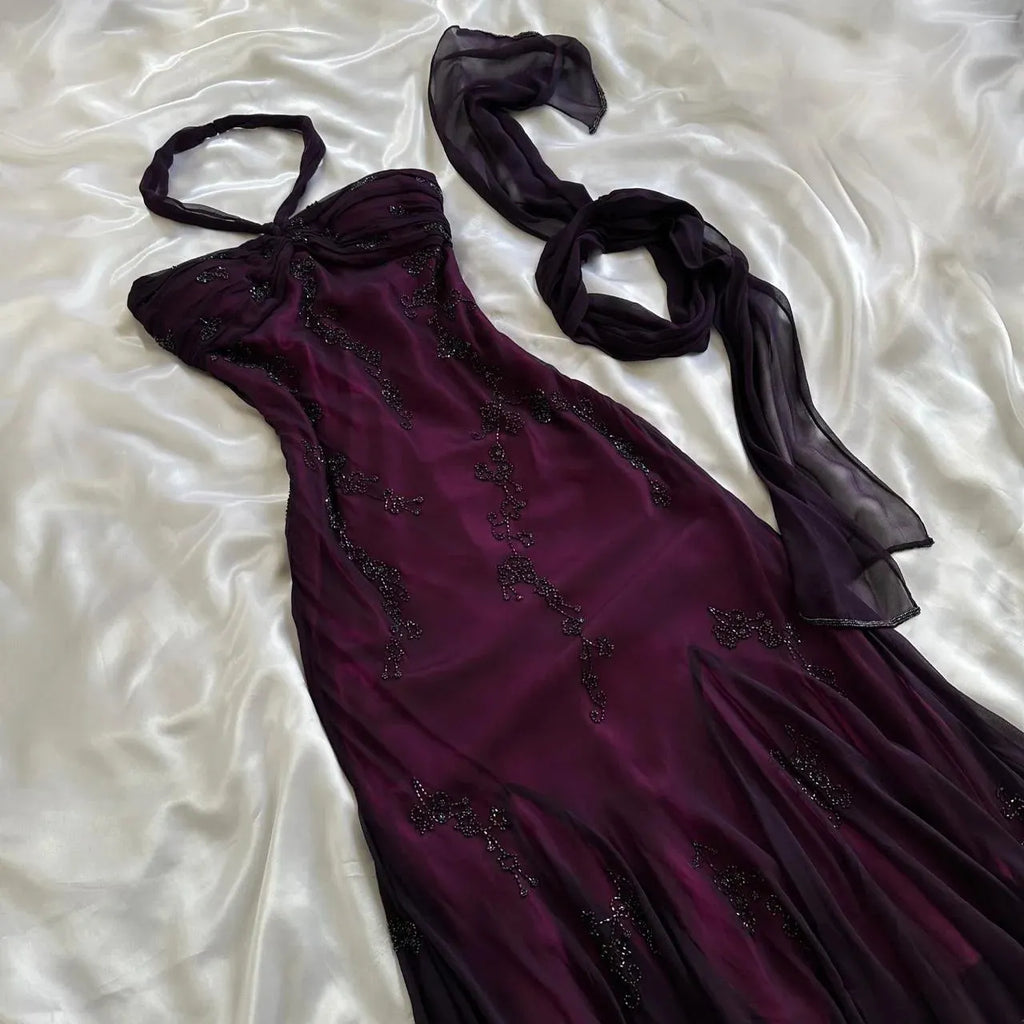 Purple exquisite elegant backless beaded long prom dress evening gown graduation dress