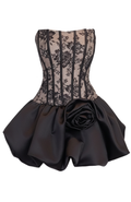 Strapless Floral Lace Corset Puff Dress Black