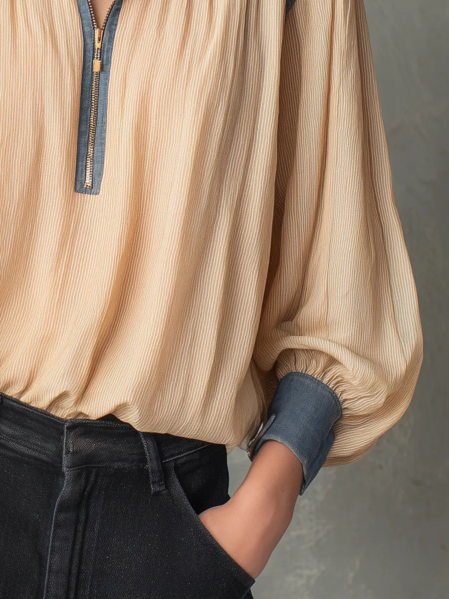 Relaxed Cream Blue Colorblock Half-Zip Blouse