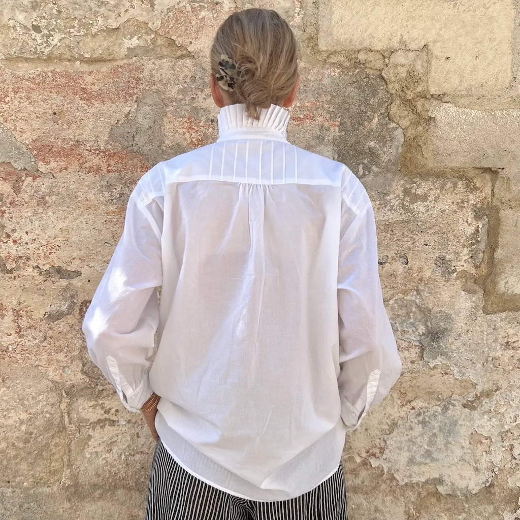 Victoria Smocked Blouse - Romantic French High-Neck Ruffle Jacquard Striped Shirt | Dadihouse