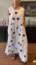 Women's Round Neck Cotton Linen Polka Dot Print Casual Dress