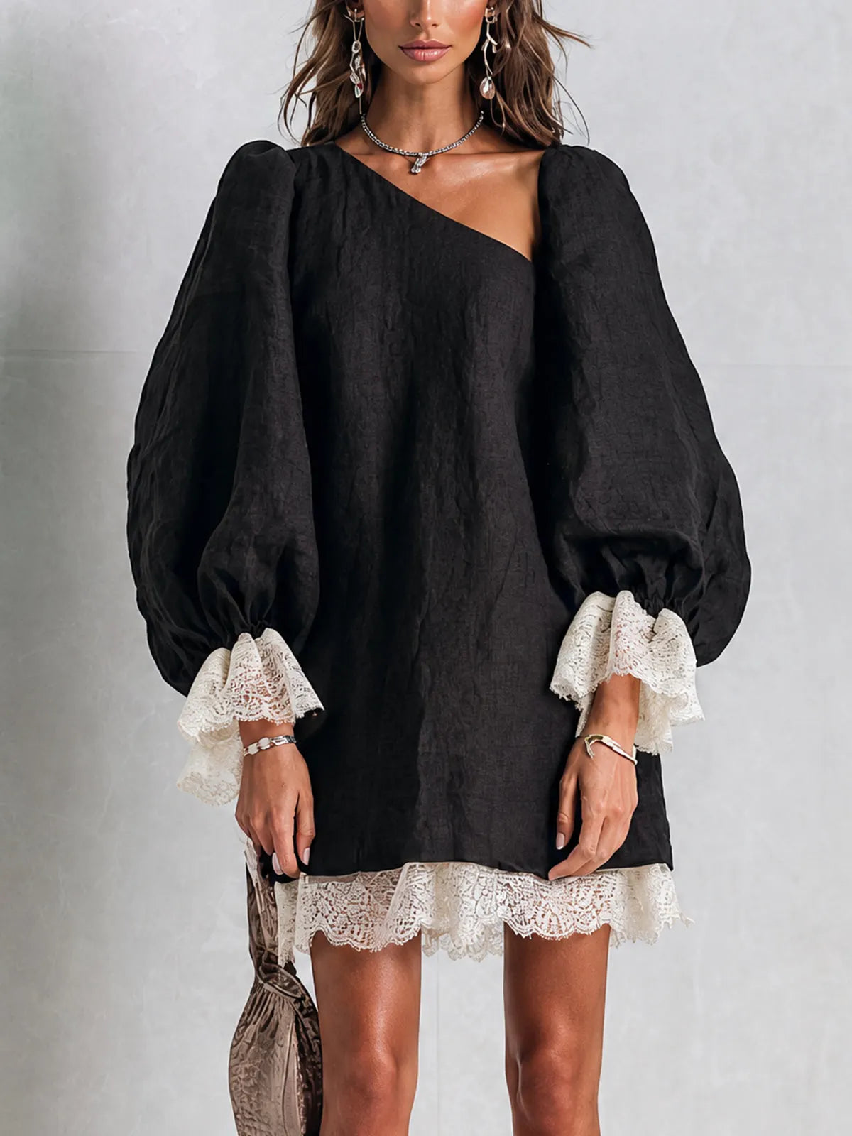 Black Asymmetric Mini Dress With Contrast Lace Trim