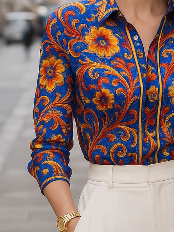 Long Sleeves Buttoned Flower Print Lapel Blouses&Shirts Tops