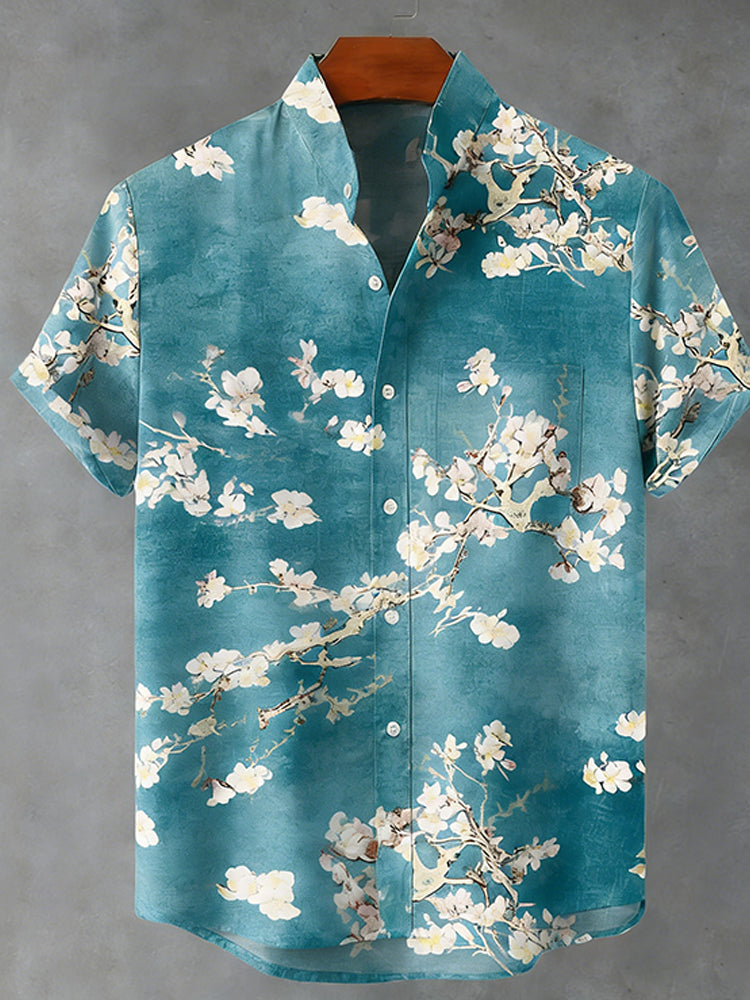 Japanese Style Retro Cherry Blossom Tree Cardigan Short Sleeve Shirt